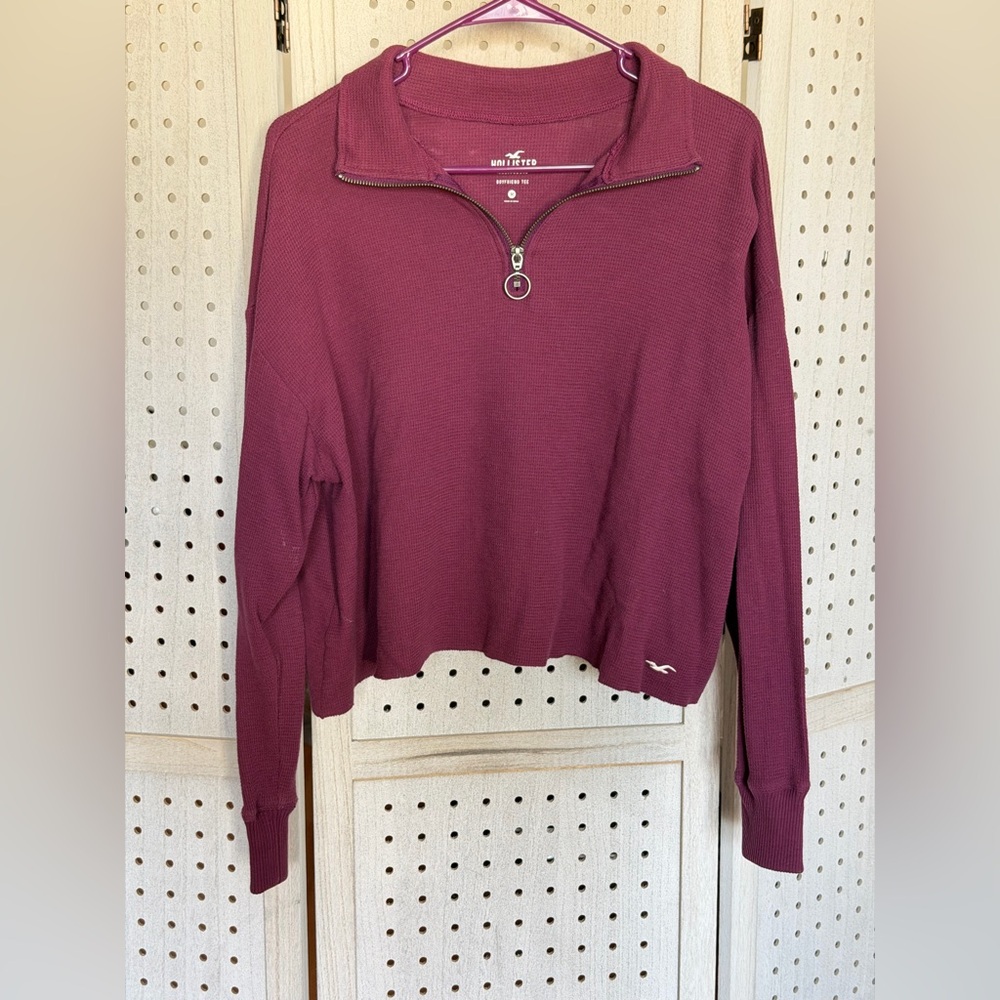 Hollister Women's Burgundy Quarter-Zip Sweatshirt